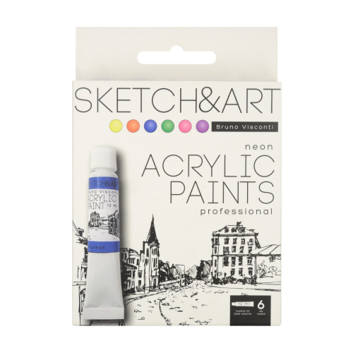 Краски акриловые 6цв туба 12 мл BV 70-0064 неон в коробке-пенале
