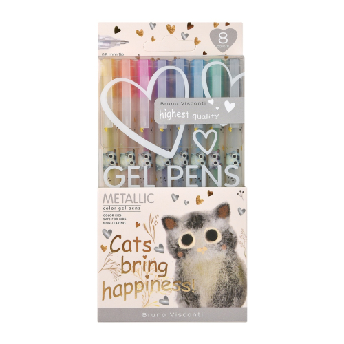 Набор гелевых ручек 8цв BV 20-0367 UniWrite Мetallic Котики Приносят счастье